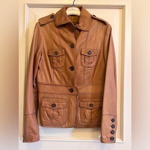 Vintage Y2K Zara Tan Leather Jacket Tailored Fit Hip Length